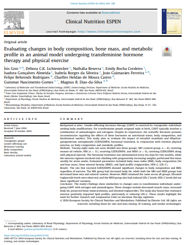 Evaluating changes in body composition, bone mass, and metabolic profile in an animal model undergoing transfeminine hormone therapy and physical exercise