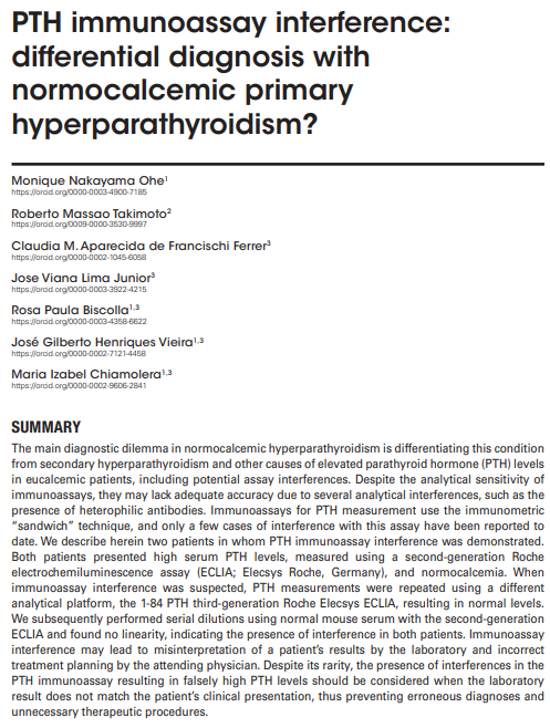PTH immunoassay interference: differential diagnosis with normocalcemic primary hyperparathyroidism?