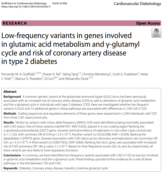 Low-frequency variants in genes involved in glutamic acid metabolism and γ-glutamyl cycle and risk of coronary artery disease in type 2 diabetes
